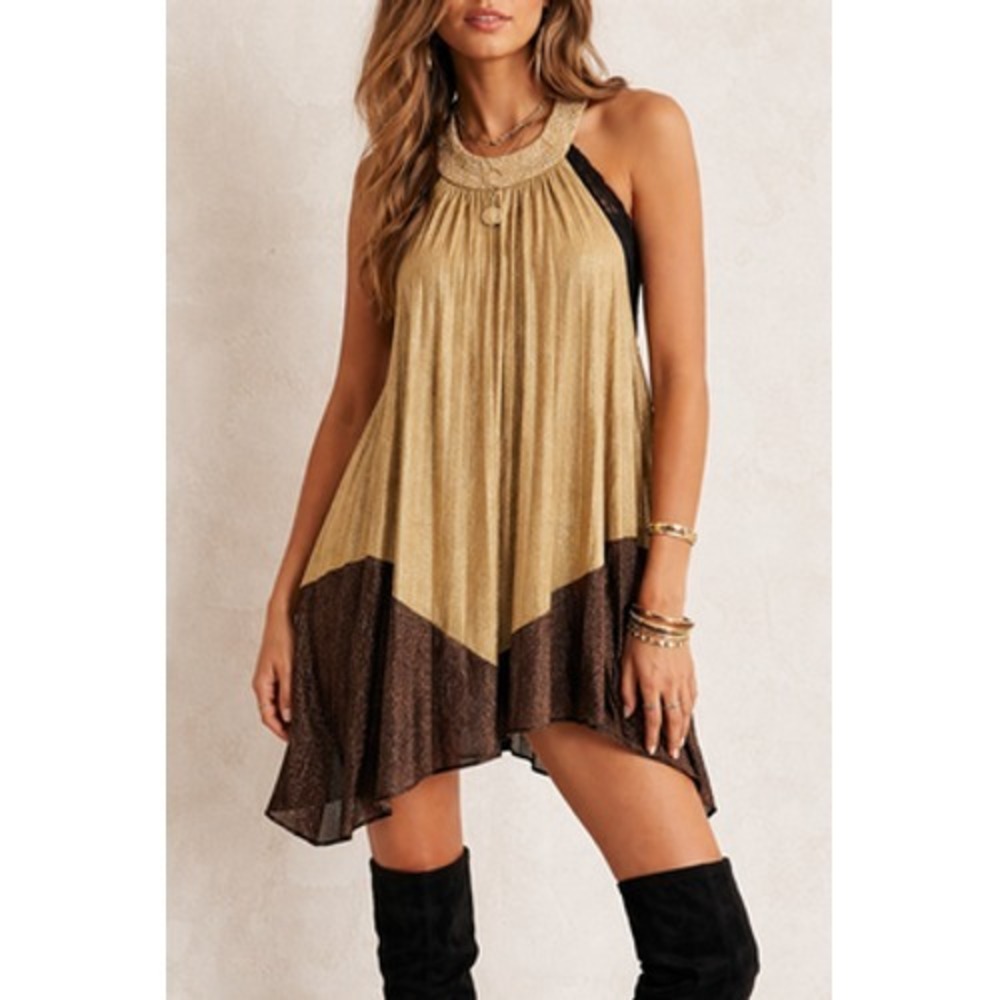 Free People Dress Womens Medium Gold Glitter Halter Swing Trapeze Mini Party